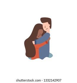 Vector flat African American hugs a guy students. Hugs warm relationships tender feelings spend time together met isolated on white background.