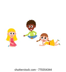 vector flat african boy and caucasian girls kids sitting at floor in kindergarten, preschool class chating with each other. Isolated illustration on a white background.