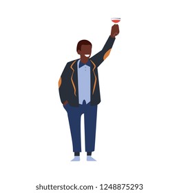 Vector flat african man in suit having fun at corporate party hugging drinking alcohol cocktail saluting holding it above head. Businessman goes wild at birthday, corporate or christmas party