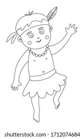Vector flat African or Papuan boy outline. Cute tropical, jungle, exotic summer character. Funny black and white illustration of a child with beads, feather and loin cloth