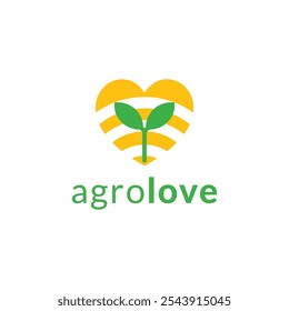 Logotipo de planta agrícola plana vetor com folhas, padrão de círculos wifi e coração no fundo branco. Conceito de biotecnologia. Ilustração para agro, agricultura inteligente e negócios pecuários.