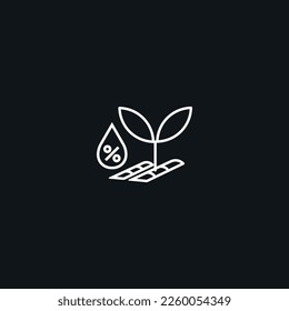 Vector Flat Agro Plant Icon with Leaves, Soil, Water Drop, Percent on Black Background. Biotechnology concept. Illustration for Farming and livestock business. Smart Farming.