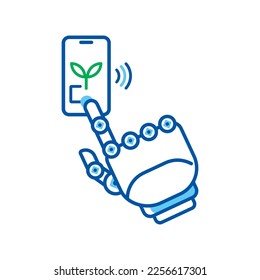 Vector flat agro technologies icon with robot`s hand, plant and Wifi on White background. Web, Digital, Mobile, App.
