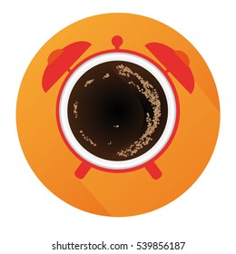 Vector Flat Alarm Clock With Coffee And Long Shadow And Orange Background