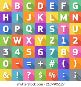 Vector flat alphabet with symbols and letters on bright colored backgrounds, fill style with long shadow.