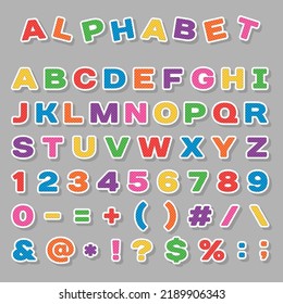 Vector flat alphabet with symbols and letters with bright multi-colored colors for children and school, with a fill in a square style.