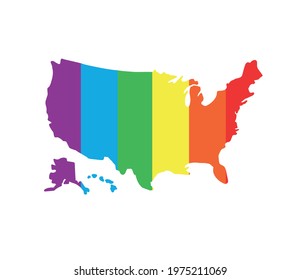 Vector flat American USA silhouette map with lgbt pride rainbow flag isolated on white background