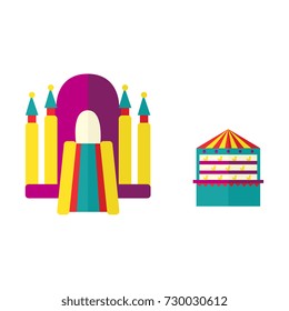 vector flat amusement park objects icon set. Shooting gallery with beara, unicorn toys - awards and inflatable playground, bouncy castle. Isolated illustration on a white background.