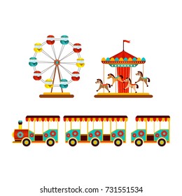 Vector Flat Amusement Park Objects Icon Set. Merry Go Round, Funfair Carnival Vintage Flying Horse Carousel, Kid Steam Train And Ferris Wheel. Isolated Illustration On A White Background.