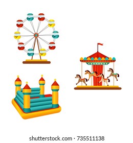 vector flat amusement park objects icon set. Merry go round, Funfair carnival vintage flying horse carousel, inflatable bouncy castle and Ferris wheel. Isolated illustration on a white background.