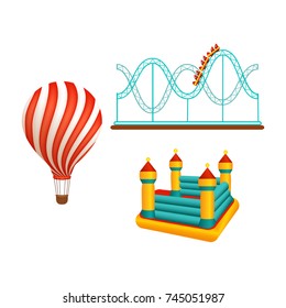 vector flat amusement park objects icon set. Children rubber inflatable playground, bouncy castle trampoline, roller coaster and hot air balloon. Isolated illustration on a white background.