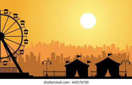 Vector flat amusement park scenery at sunrise