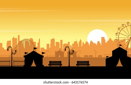 Vector flat amusement park at sunset scenery