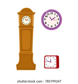 vector flat analog square table simple modern alarm clock, wall mounted watches and vintage grandfather clock icon for your design. Isolated illustration on a white background.