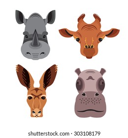 Vector flat animal portraits. Heads of rhino, hippo, giraffe, kangaroo. Isolated icons for your design.