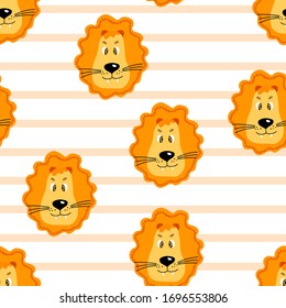 Vector flat animals colorful illustration for kids. Seamless pattern with cute lion face on white striped background. Adorable cartoon character. Design for textures, card, poster, fabric, textile.