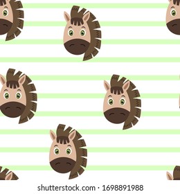 Vektorillustration flache Tiere bunte Illustration für Kinder. Nahtloses Muster mit süßer Pferdefläche auf weißem, gestreiftem Hintergrund. Adorable Cartoon-Charakter. Design für Texturen, Karte, Poster, Stoff, Textilien.