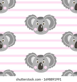 Vector flat animals colorful illustration for kids. Seamless pattern with cute koala face on white striped background. Adorable cartoon character. Design for card, poster, fabric, textile.