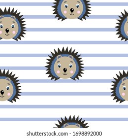 Vector flat animals colorful illustration for kids. Seamless pattern with cute hedgehog face on white striped background. Adorable cartoon character. Design for card, poster, fabric, textile.