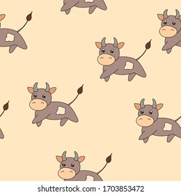 Vektorillustration flache Tiere bunte Illustration für Kinder. Nahtloses Muster mit süßem Stier auf beigem Hintergrund. Cartoon schmeichelnder Charakter. Design für Texturen, Karte, Poster, Stoff, Textilien. Kuh runter.