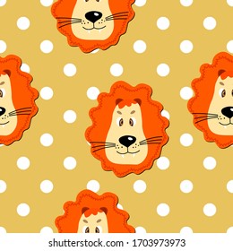 Animales planos vectoriales ilustraciones coloridas para los niños. Patrón sin inconvenientes con la cara de león tierno sobre la polka amarilla marca el fondo. Caricatura adorable. Diseño para texturas, tarjetas, afiches, tejidos, textiles.