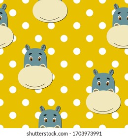 Vector flat animals colorful illustration for kids. Seamless pattern with cute hippopotamus face on yellow polka dots background. Adorable cartoon character. Design for card, poster, fabric, textile.