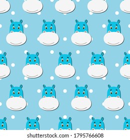Vector flat animals colorful illustration for kids. Seamless pattern with cute hippopotamus face on blue polka dots background. Adorable cartoon character. Design for card, poster, fabric, textile.