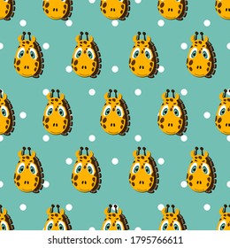 Animales planos vectoriales ilustraciones coloridas para los niños. Patrón sin foco con la cara de una jirafa linda sobre el fondo de la polka azul. Caricatura adorable. Diseño para tarjeta, afiche, tela, textil.