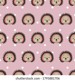 Vector flat animals colorful illustration for kids. Seamless pattern with cute hedgehog face on pink polka dots background. Adorable cartoon character. Design for card, poster, fabric, textile.