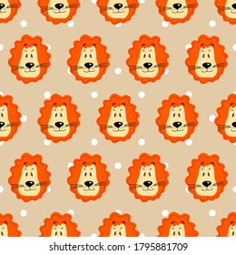 Animales planos vectoriales ilustraciones coloridas para los niños. Patrón sin foco con cara de león tierno sobre la polka beige da fondo. Caricatura adorable.Diseño para texturas, tarjetas, afiches, tejidos, textiles.