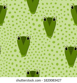Animales planos vectoriales ilustraciones coloridas para los niños. Patrón sin foco con la cara de cocodrilo lindo sobre el polka verde alcanza el fondo. Caricatura adorable. Diseño para tarjeta, afiche, tela, textil.
