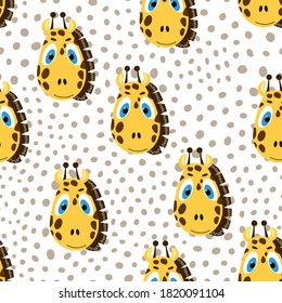 Vector flat animals colorful illustration for kids. Seamless pattern with cute giraffe face on white polka dots background. Adorable cartoon character. Design for card, poster, fabric, textile.