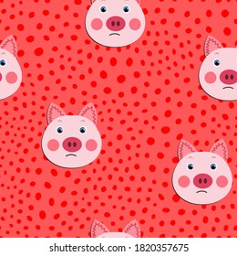 Vector flat animals colorful illustration for kids. Seamless pattern with cute pig face on pink polka dots background. Adorable cartoon character. Design for textures, card, poster, fabric, textile.