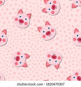 Vector flat animals colorful illustration for kids. Seamless pattern with cute pig face on pink polka dots background. Adorable cartoon character. Design for textures, card, poster, fabric, textile.