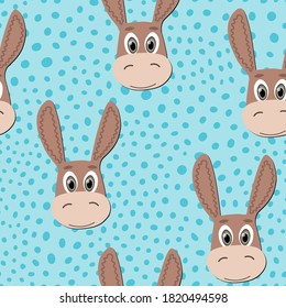 Vector flat animals colorful illustration for kids. Seamless pattern with cute donkey face on blue polka dots ackground. Cartoon adorable character. Design for textures, card, poster, fabric,textile.