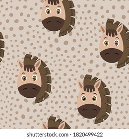 Vector flat animals colorful illustration for kids. Seamless pattern with cute horse face on beige polka dots background. Adorable cartoon character. Design for textures, card, poster, fabric,textile.