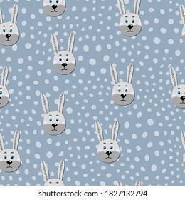 Vector flat animals colorful illustration for kids. Seamless pattern with cute hare face on blue polka dots background. Adorable cartoon character. Design for card, poster, fabric, textile. Rabbit.