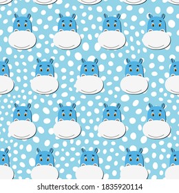 Vector flat animals colorful illustration for kids. Seamless pattern with cute hippopotamus face on blue polka dots background. Adorable cartoon character. Design for card, poster, fabric, textile.