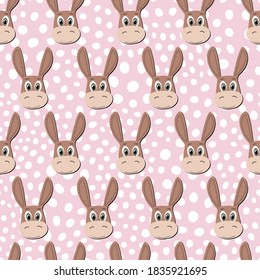 Animales planos vectoriales ilustraciones coloridas para los niños. Patrón sin foco con cara de burro lindo en el fondo de la polka rosa. Caricatura adorable. Diseño para texturas, tarjetas, afiches, tejidos, textiles.