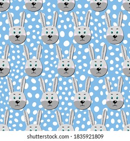 Vector flat animals colorful illustration for kids. Seamless pattern with cute hare face on blue polka dots background. Adorable cartoon character. Design for card, poster, fabric, textile. Rabbit.