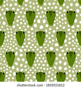 Vector flat animals colorful illustration for kids. Seamless pattern with cute crocodile face on green polka dots background. Adorable cartoon character. Design for card, poster, fabric, textile.
