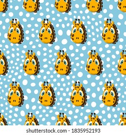 Animales planos vectoriales ilustraciones coloridas para los niños. Patrón sin foco con la cara de una jirafa linda sobre el fondo de la polka azul. Caricatura adorable. Diseño para tarjeta, afiche, tela, textil.