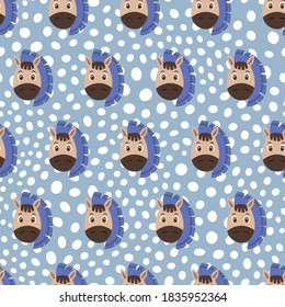 Vector flat animals colorful illustration for kids. Seamless pattern with cute horse face on purple polka dots background. Adorable cartoon character. Design for textures, card, poster, fabric,textile