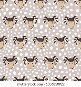 Vektorflachtiere bunter Illustration für Kinder. Nahtloses Muster mit aufragender Stirn auf beigem Polka-Punkthintergrund. Geruchte Schafe. Adorable Cartoon-Charakter. Design für Texturen, Karten, Stoff, Textilien.