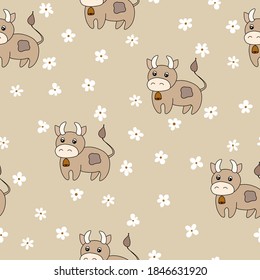 Vector flat animals colorful illustration for kids. Seamless pattern with cute bull and flowers on beige background. Cartoon adorable character. Design for textures, card, fabric, textile. Cute cow.