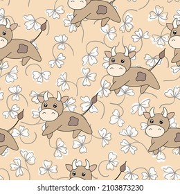 Vector flat animals colorful illustration for kids. Seamless pattern with cute bull and flowers on beige background. Cartoon adorable character. Design for card, poster, fabric, textile. Cute cow.