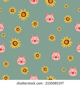 Vector flat animals colorful illustration for kids. Seamless pattern with cute pig face on color floral background. Adorable cartoon character. Design for textures, card, poster, fabric, textile.