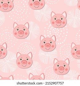 Vector flat animals colorful illustration for kids. Seamless pattern with cute pig face on color background. Adorable cartoon character. Design for textures, card, poster, fabric, textile.