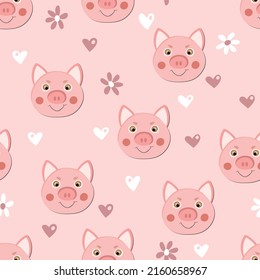 Vector flat animals colorful illustration for kids. Seamless pattern with cute pig face on color polka dots background. Adorable cartoon character. Design for textures, card, poster, fabric, textile.