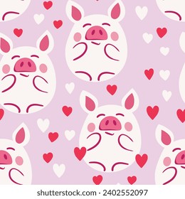 Vector flat animals colorful illustration for kids. Seamless pattern with cute pig on color floral background. Adorable cartoon character. Design for textures, card, poster, fabric, textile.